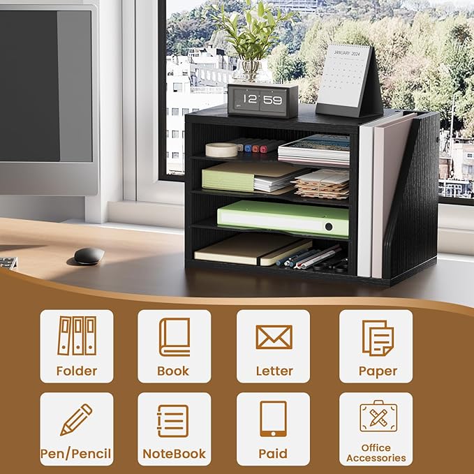 File Organizer Desktop, Wood Desk Organizer with 3 Adjustable Shelves, Mail Paper Sorter for Office, Home, File Holders for Envelopes, Mail Supplies or Magazines, Black