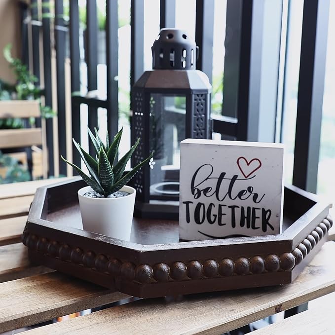 Retro Brown Octagonal Wood Decorative Tray, Small Farmhouse Wooden Serving Tray with Beads, Versatile Coffee Table Tray for Kitchen Counter, Ottoman, Living Room