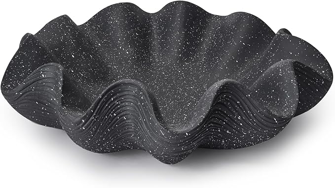 Large Decorative Bowl Home Decor - 12.6" Modern Resin Scalloped Ruffle Decorative Fruit Bowl for Kitchen Counter, Chic Key Tray for Entryway Table, Starry Black