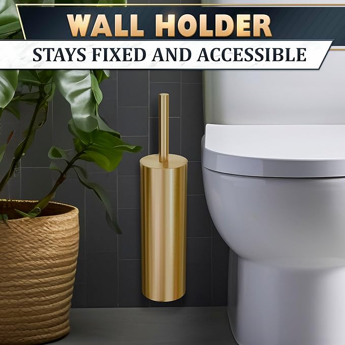 Gold Toilet Brush and Holder Set with Wall Mount - Modern Wall Mounted Toilet Brush Made from Corrosion-Resistant Stainless Steel - Removable Inner Bowl, Splash Protection & Dense Bristles Supplied