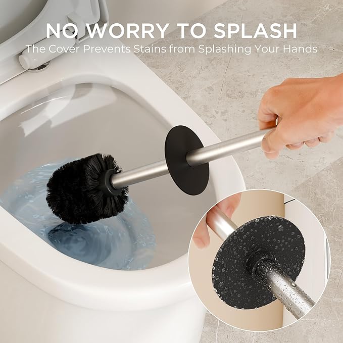 FORIOUS Toilet Brush and Holder Set Brushed Nickel, Heavy Duty 304 Stainless Steel Base and Long Handle Toilet Bowl Cleaners Brush, for Bathroom Storage and Organization, 2 Brush Head