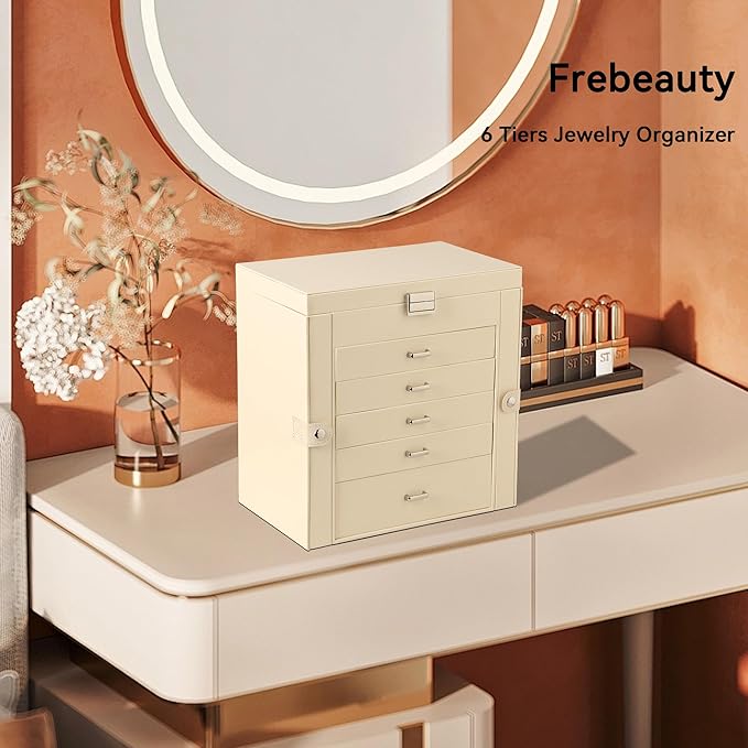 Frebeauty Large Jewelry Box,6-Tier PU Leather Jewelry Organizer,Multi-functional Storage Case with Mirror,Accessories Holder with 5 Drawers for Necklace Bracelets Watches(Beige)