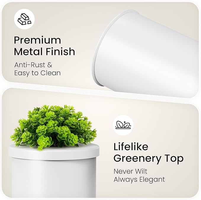 Cesun Toilet Paper Storage Bin, Enclosed Toliet Paper Holder with 3-Roll Capacity, White Stainless Steel Canister with Decorative Green Plant Lid