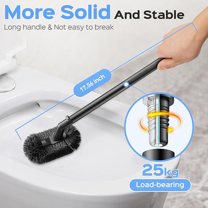 HAMITOR Toilet Plunger and Brush Set: 2 in 1 Stainless Steel Combo with Curved Bristles - Heavy Duty Toilet Unclogging for Family Bathroom - Compact Hideaway Apartment Cleaning Accessories - Black