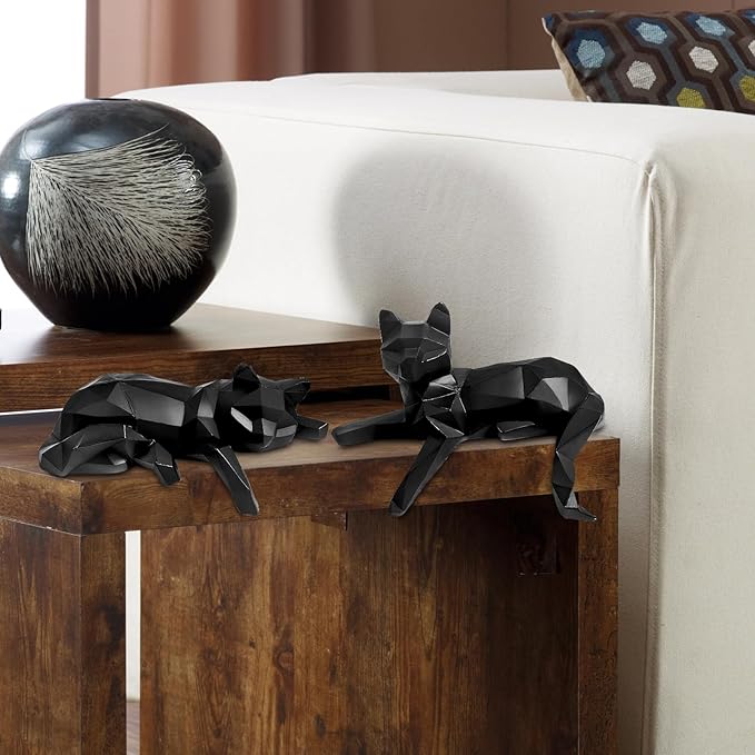 Bookshelf Decor Cat Statue, Modern Geometric Cat Figurines for Living Room Office Shelves Coffee Table Desk Decor – Set of 2 Minimalist Animal Statues (Black)