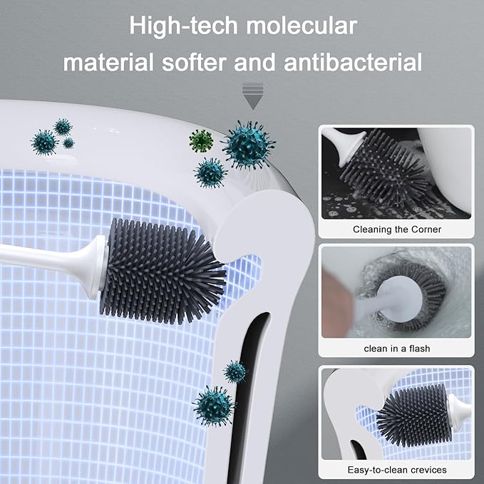 Lefree Silicone Toilet Brush and Holder, Bathroom Cleaner Brush Set, Non-Slip Handle Toilet Bowl Brush with TPR Soft Bristle, Wall Mounted/Floor Standing