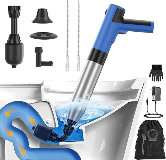 Electric Toilet Plunger, All in One High Pressure Drain Unclogger Plungers for Bathroom, Bathtubs, Floors, Heavy Duty Versatile Home Toilet Clog Remover - Blue