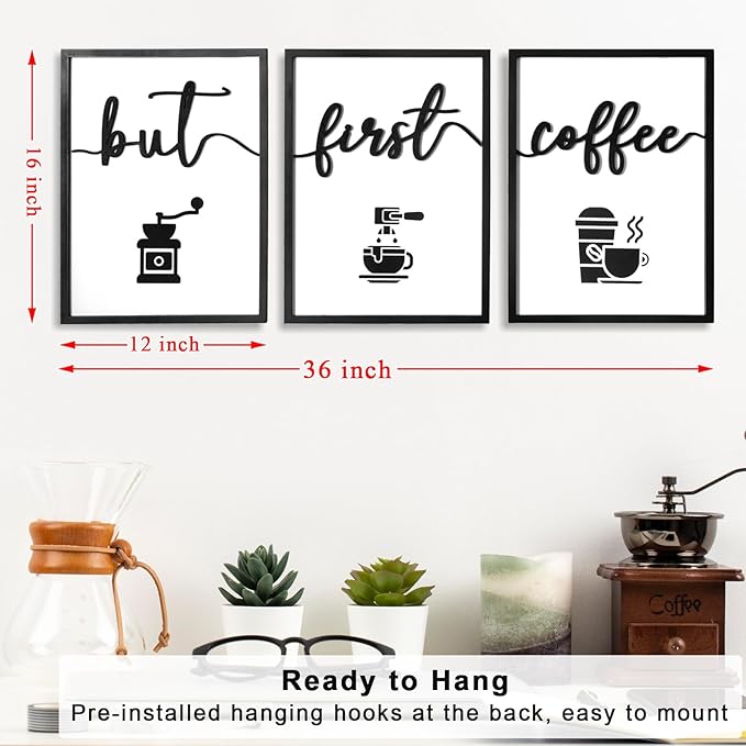 3D Wood But First Coffee Sign, Framed Coffee Bar Wall Decor Wall Art for Dining Room Kitchen Home Office (Ready to Hang, 12x16 inches, Set of 3, Framed)