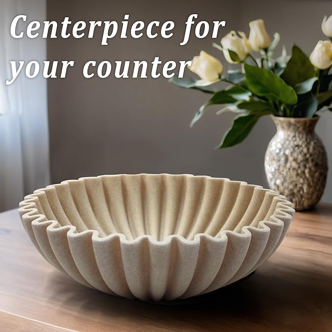 Ruffle Decorative Bowl, Large Fruit Bowl for Kitchen Counter, Stylish Key Bowl for Entry Table, Handcrafted Home Decor Display bowl, Artificial Stone Beige