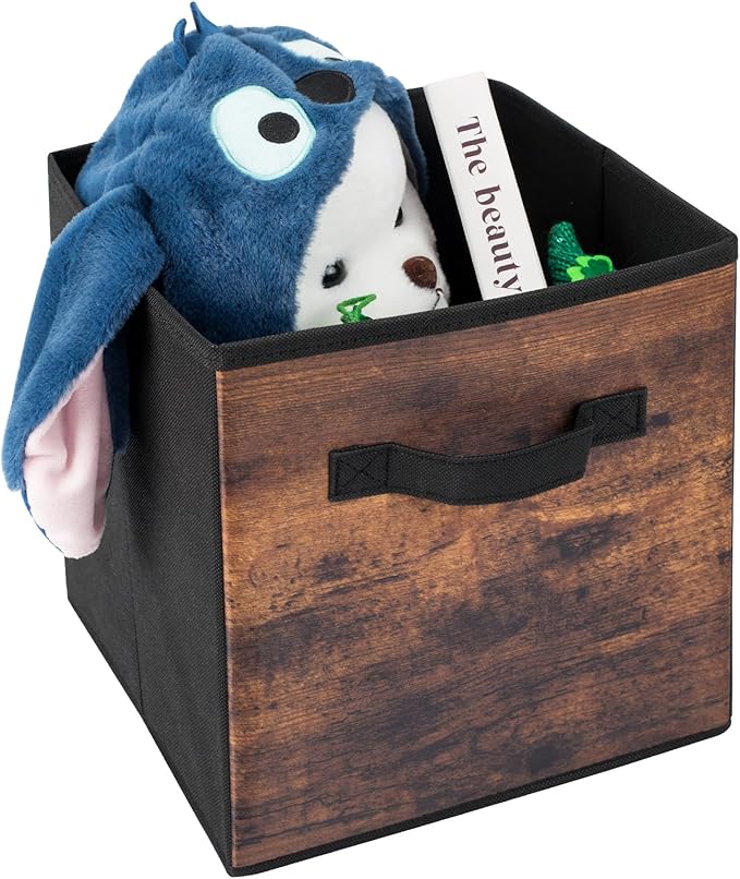 EWES 11 Inch Fabric Storage Cubes, 8 Pack Foldable Storage Bins with Handle, Storage Baskets Box for Shelves, Closet, Organizer, Rustic Brown and Black