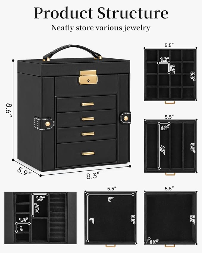 TORIBIO Jewelry Box for Women, Leather Jewelry Organizer with Mirror & Lock, 5-Tier Jewelry Storage Organizer with 4 Drawers for Girls/Women/Mothers, Necklace Earring Bracelets Holder Organizer
