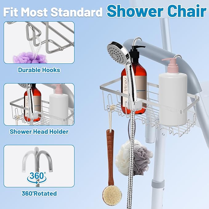 2-In-1hanging shower chair caddy : Holder Organizer Rustproof Shower Chair Accessories for tub bath room with arms chair storage basket shelf fit Seniors Elderly Disabled Patient Pregnant(Silver)