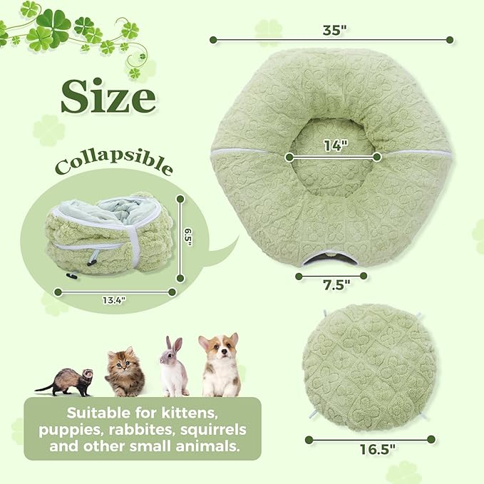 PEQULTI Cat Tunnel with Bed for Indoor Cats, Cat Play Donut Tunnel with Washable Soft Plush Mat, Round Tube Toys Cute Tube for Kittens, Puppies, Rabbits and Ferrets, Green