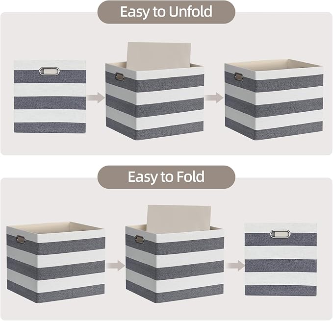 13x15x13 Storage Cube Bins, Foldable Storage Cubes, Fabric Organizer Basket Bin, Striped Containers Decorative Storage Boxes for Shelves Wardrobe Closet Home Office, 4 Pack, Black/White