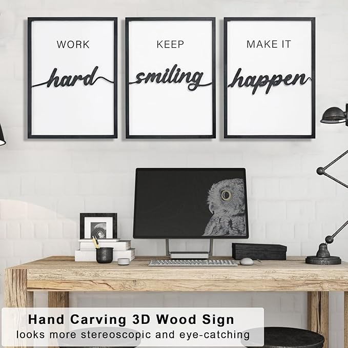 3D Wood Inspirational Office Wall Art, 36" x 16" Framed Black and White Motivational Wall Decor, Inspirational Quotes Wall Art for Home Office Bedroom (Ready to Hang, Set of 3, Framed)