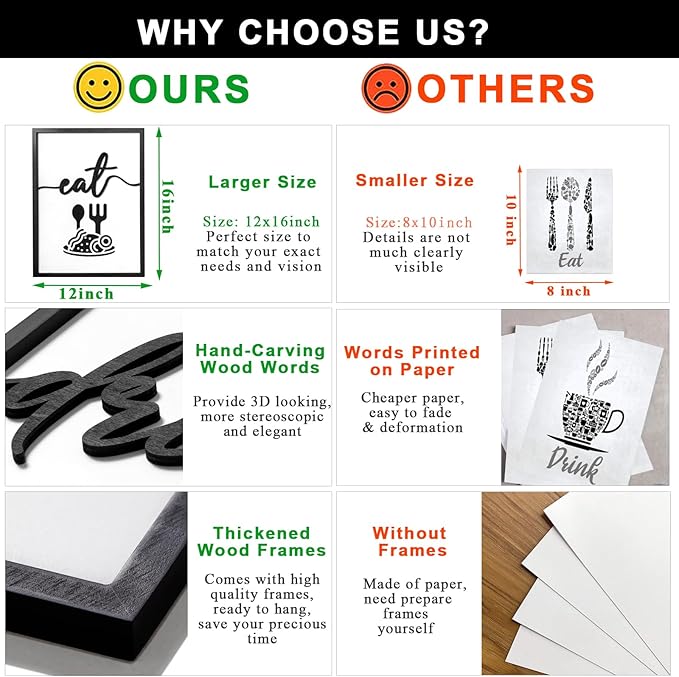 3D Wood Dining Room Wall Decor, Framed Kitchen Pictures Wall Art for Dining Room Wall Decor(Ready to Hang, 12x16 inches, Set of 3, Framed)