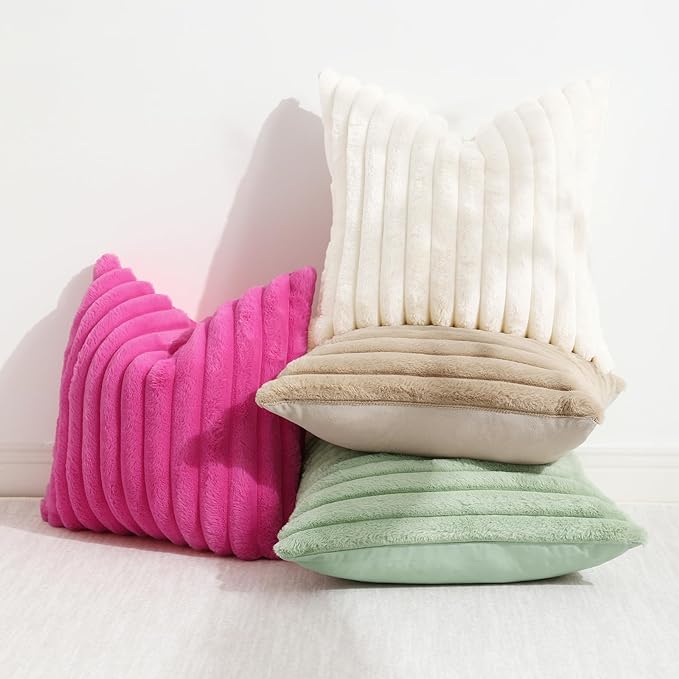 decorUhome Faux Fur Spring Throw Pillow Covers 24x24 Set of 2, Decorative Soft Plush Striped Neutral Couch Euro Sham Pillow Covers with Velvet Back for Sofa, Bed, Living Room Home, Hot Pink