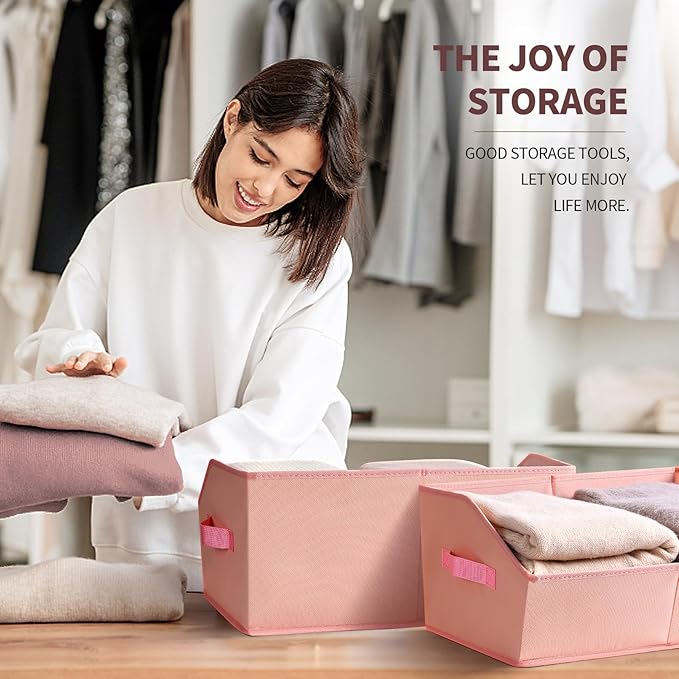 Closet Baskets for Shelves Trapezoid - Decorative Storage Baskets with Handle, Closet Bins for Organization, Shelf Storage Bins for Clothes, Books, Home, Office, 10 Pack, Pink