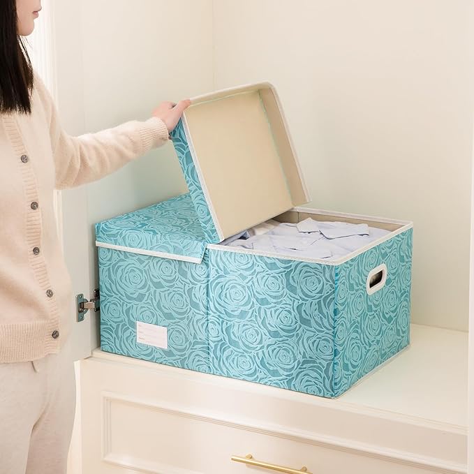 PRANDOM Jumbo Collapsible Storage Cubes with Lids Fabric Decorative Storage Bins Boxes Organizer Baskets with Cover Handles for Bedroom Closet Living Room 23.2x15.7x11.8 Inch 3 Pack