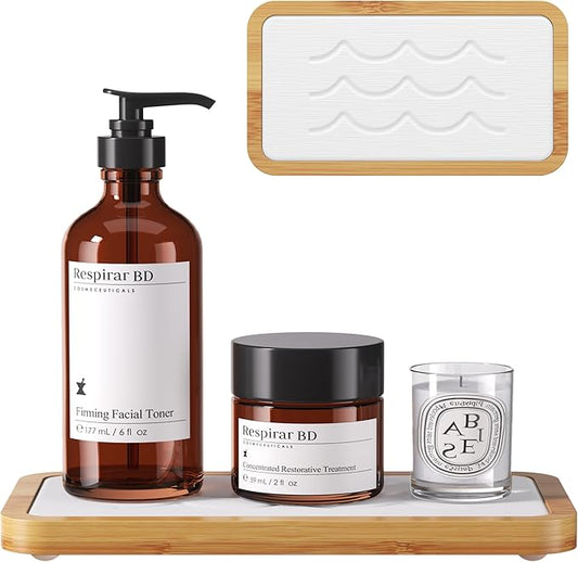 Water Absorbing Stone Tray for Sink, Fast Drying Diatomite Stone with Bamboo Sink Tray, Stone Drying Mat for Bathroom and Kitchen Counter, Bathroom Countertop Tray