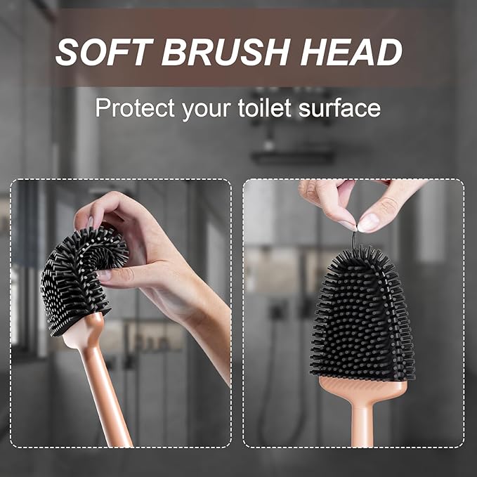 Sellemer Toilet Brush and Holder Set - Flexible Toilet Bowl Brush Head with Silicone Bristles, Compact Size for Storage and Organization, Ventilation Slots Base (1 Pack, Rose Gold)