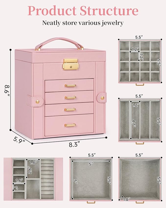TORIBIO Jewelry Box for Women, Leather Jewelry Organizer with Mirror & Lock, 5-Tier Jewelry Storage Organizer with 4 Drawers for Girls/Women/Mothers, Necklace Earring Bracelets Holder Organizer
