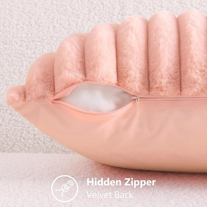 decorUhome Faux Fur Spring Throw Pillow Covers 26x26 Set of 2, Decorative Soft Plush Striped Neutral Couch Euro Sham Pillow Covers with Velvet Back for Sofa, Bed, Living Room Home, Blush Pink