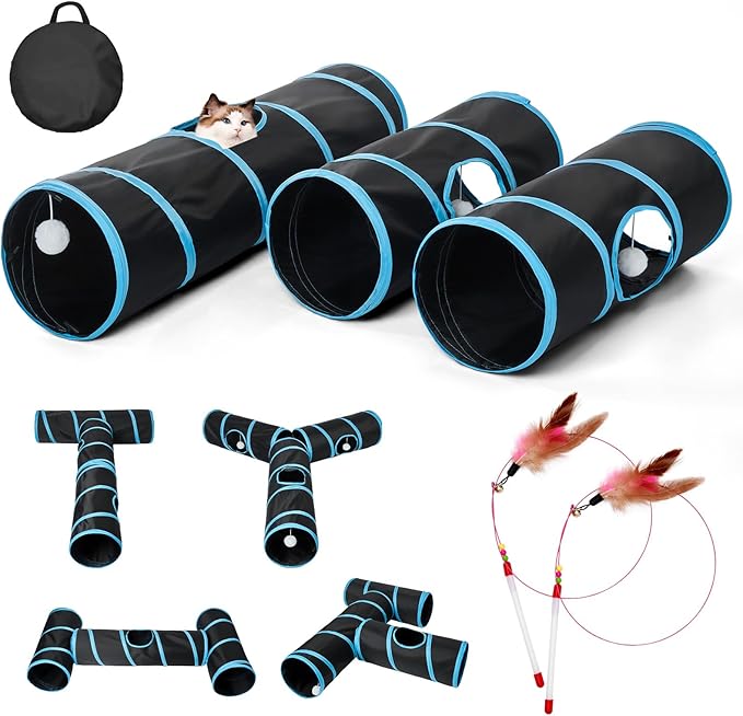 Cat Tunnel 3 Straight Shaped Pet Tunnels, Tube Cat Toys 6 DIY Shapes with Wand Toys, Scratch Resistant Collapsible Cats Tubes for Indoor Puppy, Kitten, Rabbit Black 82in