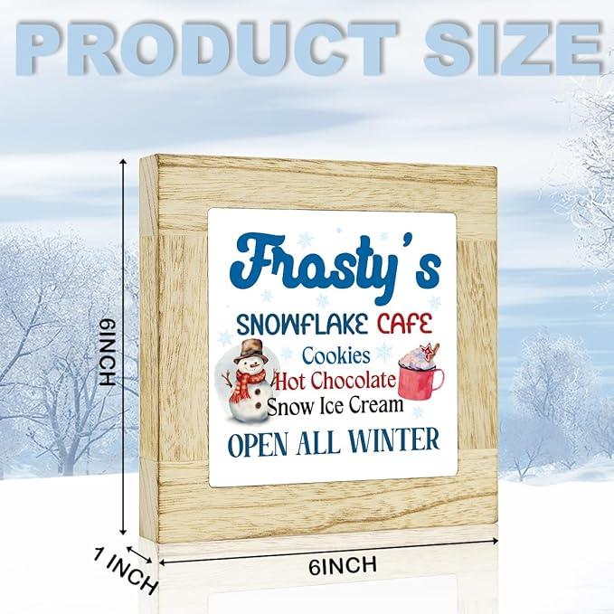 Winter Hot Cocoa Bar Sign Winter Snowman Signs for Home Decor Coffee Bar Christmas Decor for Table Frosty's Snowflake Cafe Sign 6 x 6 inches