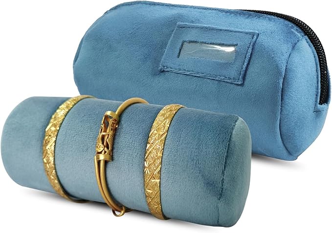 Velvet Bangle & Bracelet Organizers and Storage Small Jewelry Travel Organizer Roll, Compact Jewelry Case for Bangles, Bracelets, Watches(Light Blue)