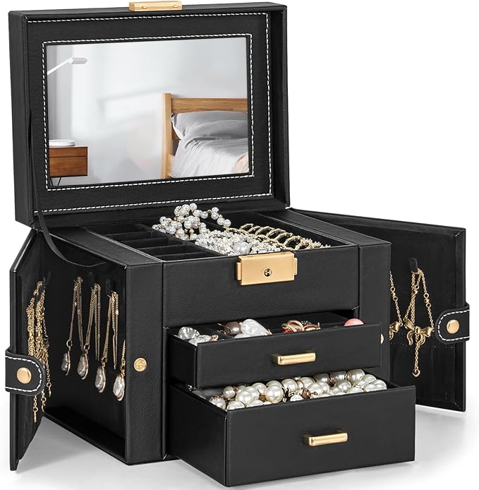 TORIBIO Jewelry Box for Women, Leather Jewelry Organizer with Mirror & Lock, 3-Tier Jewelry Storage Organizer with 2 Drawers for Girls/Women/Mothers, Necklace Earring Bracelets Holder Organizer