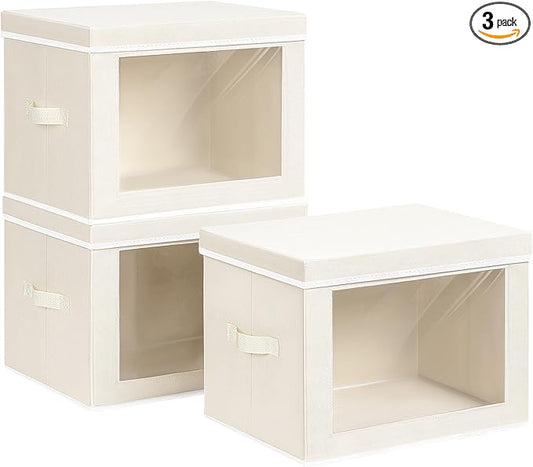 Large Storage Baskets Bins with Lids - Stackable Cube Bins for Closet, 3 Pack Beige Windows Organizer Bins, Home Organizers and Storage for Clothes, CD, Towels