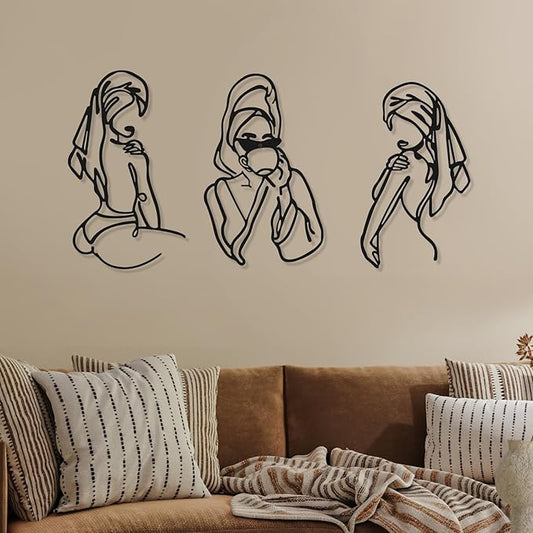 Photect 3 Pcs Metal Wall Art Decor Minimalist Abstract Woman Wall Art Metal Modern Line Drawing Decor Female Single Line Home Hanging for Bedroom Bathroom Living Room Christmas Housewarming(Romantic)