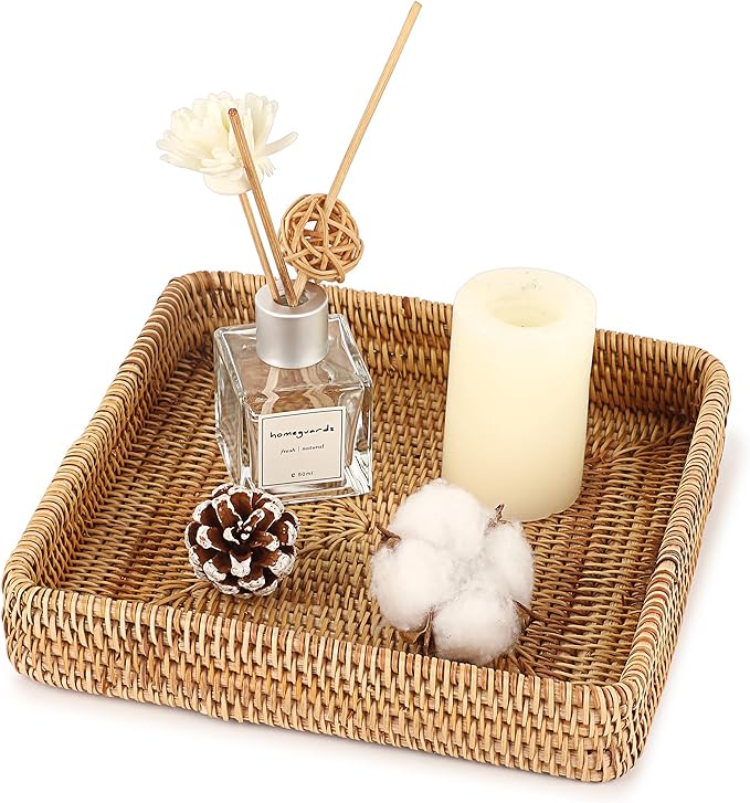 Hipiwe Key Basket Tray for Entryway Table Rattan Serving Tray Handwoven Wicker Baskets Vanity Trays Square Decorative Fruit Trays for Kitchen Counter Bedside Living Room Bathroom, 8.1"