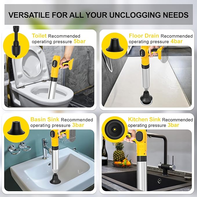 Electric Toilet Plunger Pro Compatible for Dewalt 20V Battery (Not Included) - Cordless Powerful High Pressure Unclogger, Drain Auger with 3 Heads for Bathroom, Safety & Portable Toilet Unclogged Tool