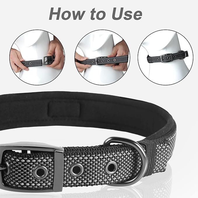 PetiFine Dog Collars for Medium Dogs, Neoprene Padded and Adjustable, Reflective Wide Heavy Duty Pet Collars with Durable Metal Belt Buckle for Walking, Black, M