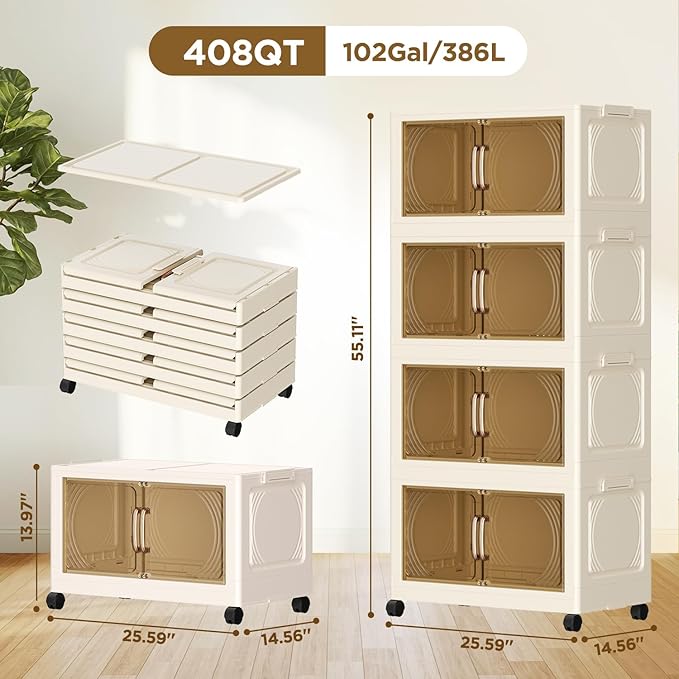102QT Plastic 4 Tier Storage Bins with Lids,Folding Storage Box with Doors and Wheels Stackable Storage Bins,Closet Organizers and Storage for Living Room,Office,Dorm