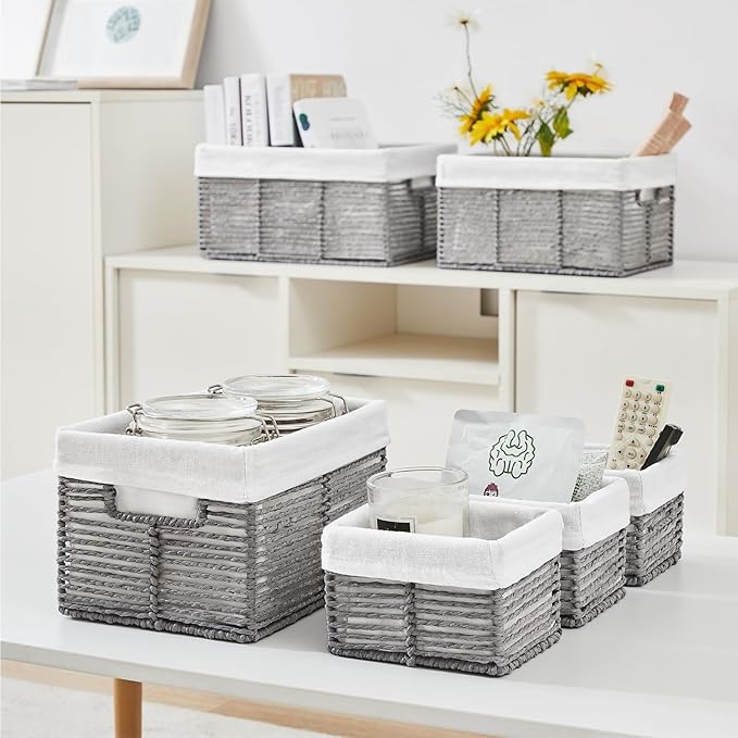 Vagusicc Wicker Storage Basket, 6 Pack Baskets for Organizing, Wicker Baskets with Handle, Rectangular Wicke Basket for Storage Shelves, Cube Storage Bins for Closet/Clothes/Dresser, Grey