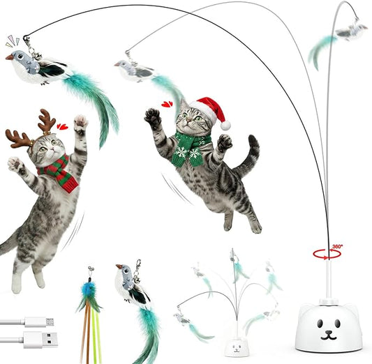 Interactive Cat Toys for Indoor Cats: Upgraded 360° Automatic Spin Flying Bird Feather Wand with Silicone Protected Rod Safe Play, Strong 8cm Suction Cup, USB-Rechargeable for Bored Kittens and Adult