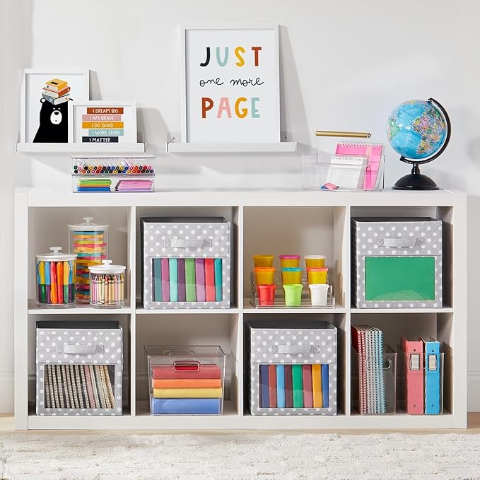 mDesign Fabric Nursery/Playroom Closet Storage Organizer Bin Box, Front Handle/Window for Cube Furniture Shelving Unit, Hold Toys, Clothes, Diapers, Bibs, 4 Pack, Gray/White Polka Dot