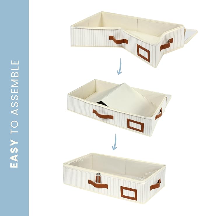 OrganiHaus Under Bed Storage Containers, Bedroom Storage and Organization Bins, Clothes Organizer for Closet with Clear Cover and Reinforced Handles - Set of 2 33x17x6 inches White Striped