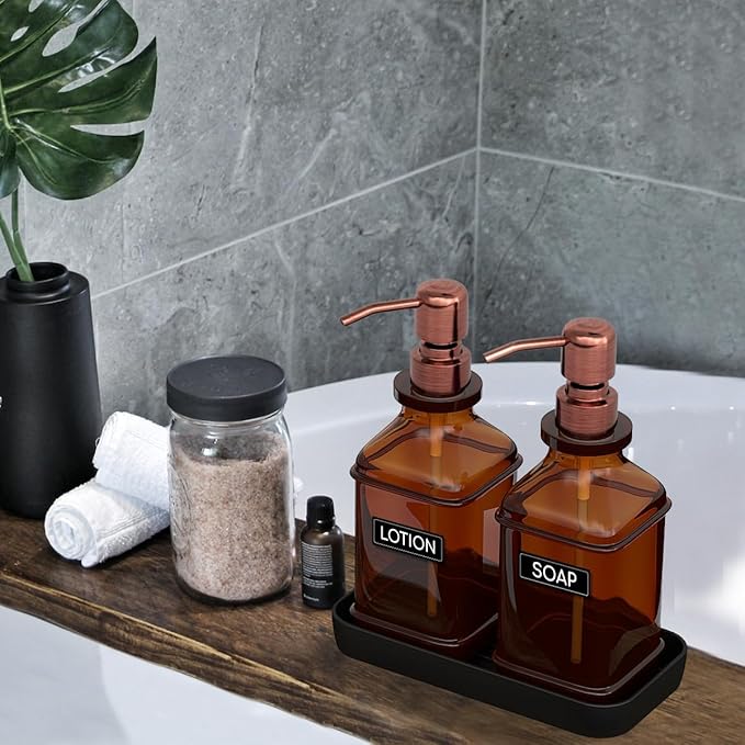 Soap Dispenser - 2 Pack, Antique Design Thick Amber Glass Hand Soap Dispensers with Sturdy Tray; 304 Rust Proof Stainless Steel Black Pump, 12Pcs Stickers, for Kitchen, Bathroom -Brushed Copper
