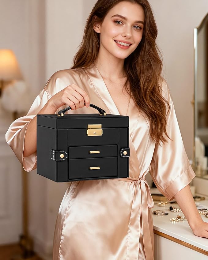 TORIBIO Jewelry Box for Women, Leather Jewelry Organizer with Mirror & Lock, 3-Tier Jewelry Storage Organizer with 2 Drawers for Girls/Women/Mothers, Necklace Earring Bracelets Holder Organizer