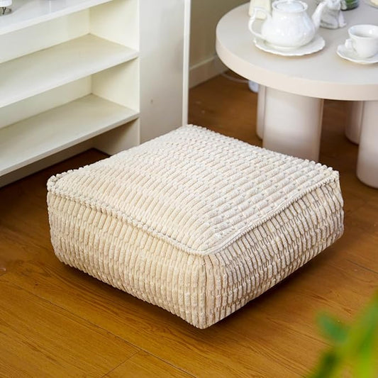 Unstuffed Pouf Ottoman Soft Square Bean Bag Storage Pouf Cover 20x20x8 Inches Decorative Floor Footrest for Living Room Bedroom Outdoor (Beige, Square)