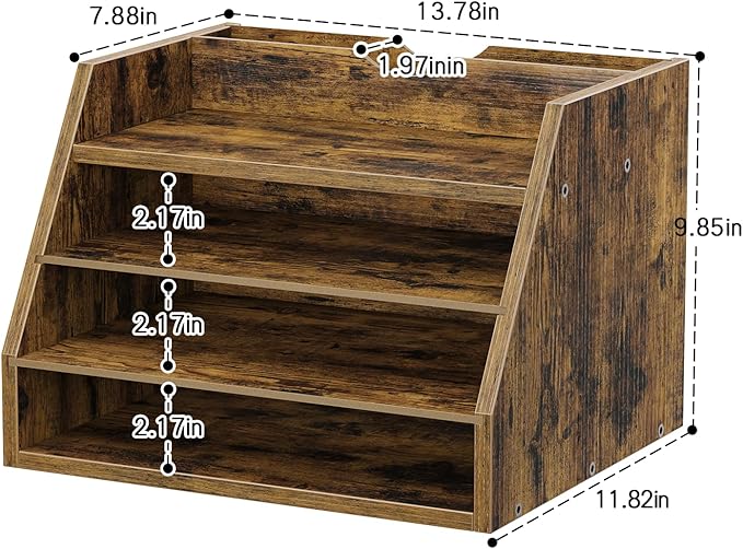 4-Tier Desk Organizer with File Holder, Wooden Desktop Organizer for Papers, Folders & Office Supplies, Space Saving Letter Tray Mail Organizer for Home Office School Accessories, Rustic Brown