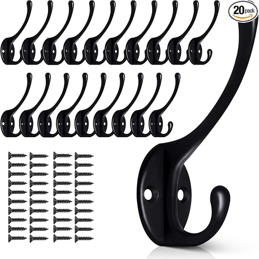 Wall Hooks for Hanging, 20-Pcs Heavy Duty Metal Coat Hooks, for Living Room, Bathroom, Kitchen, Bedroom for Coats, Towel, Hat, Key, Closet, Bag (Black)