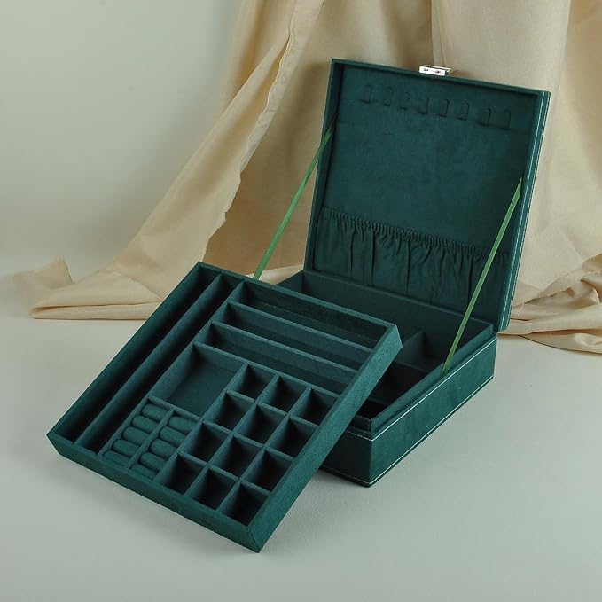 Jewelry Boxes 10 x 10 Inches 2-layer Handle Necklace Holder Organizer Jewellery Women Rings Storage Display Girls Earrings Case Lockable Jewelry Tray GY641 (Green)