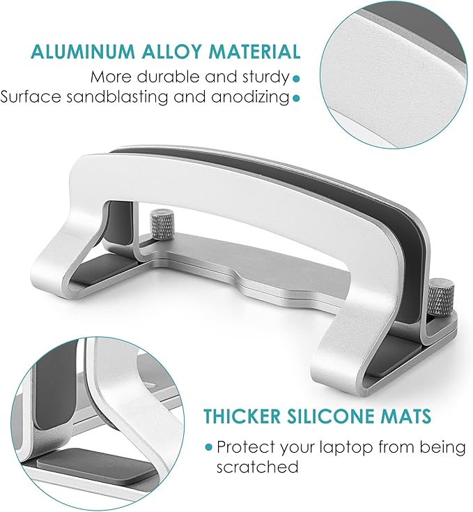 Aluminum Vertical Laptop Stand, MacBook Pro Laptop Vertical Stand Dock Holder with Adjustable Slot Fits All Laptops Notebook Tablets MacBook Air- Save Space & Improve Airflow, Silver