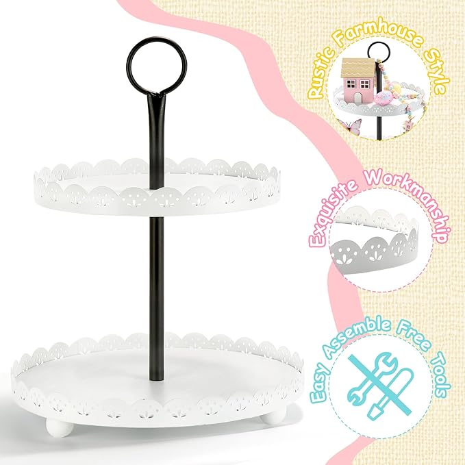 Wooden Two Tiered Tray Stand, Farmhouse Round 2 Tier Decorative Tray with White Metal Floral Edge for Home Kitchen Table Decor, Serving Tray for Coffee Bar Party Weddding Holiday Decorations