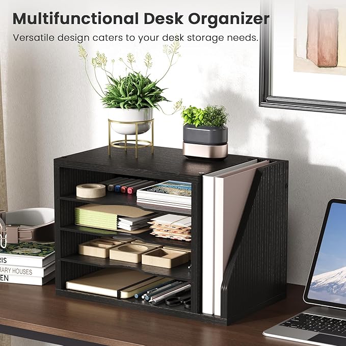 File Organizer Desktop, Wood Desk Organizer with 3 Adjustable Shelves, Mail Paper Sorter for Office, Home, File Holders for Envelopes, Mail Supplies or Magazines, Black
